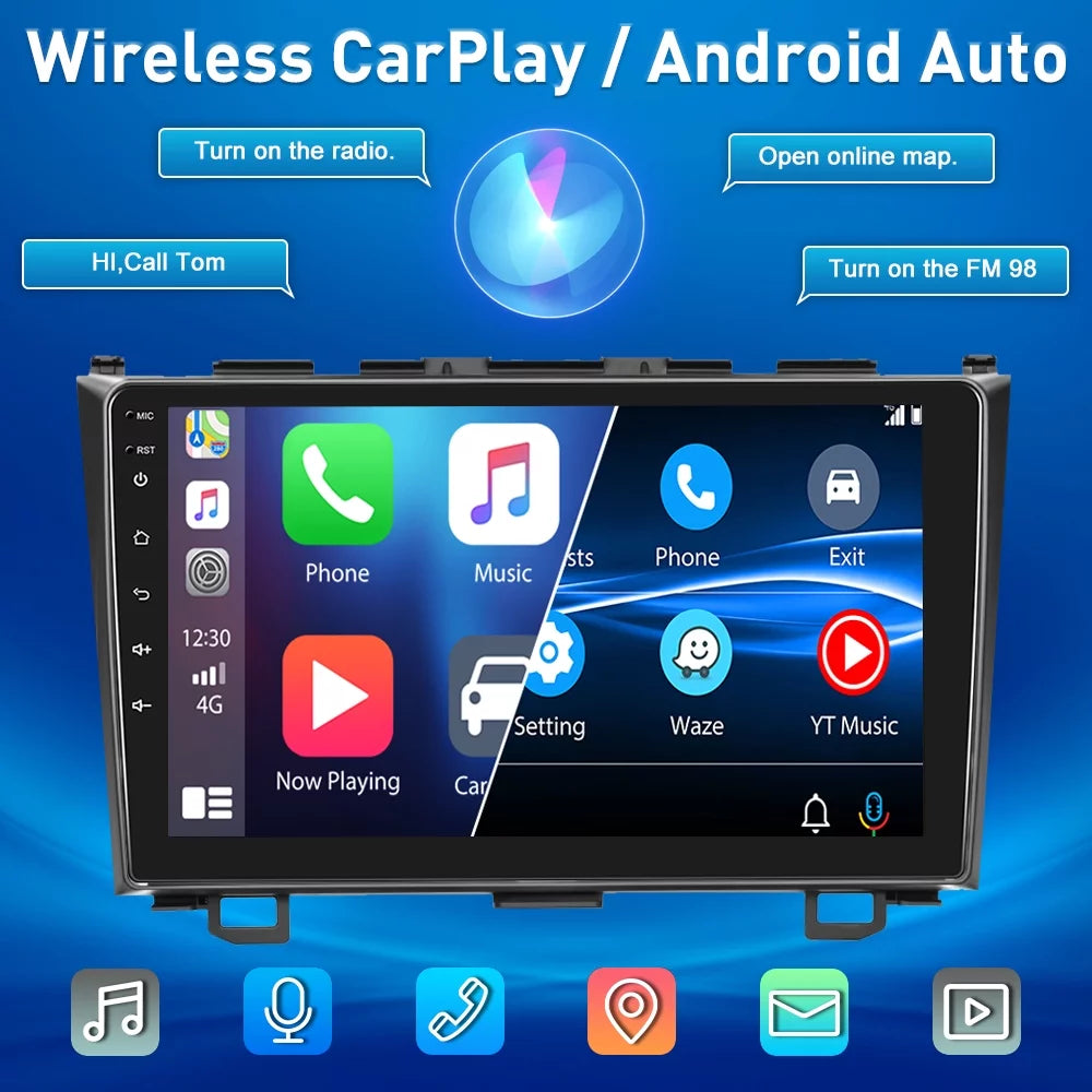 For Honda CRV 2007-2011 9'' Touchscreen Car Stereo Radio Player Wireless Carplay Android Auto Mirror Link HD 1080P Android 12 Bluetooth WIFI GPS FM USB Hifi, AHD Backup Camera