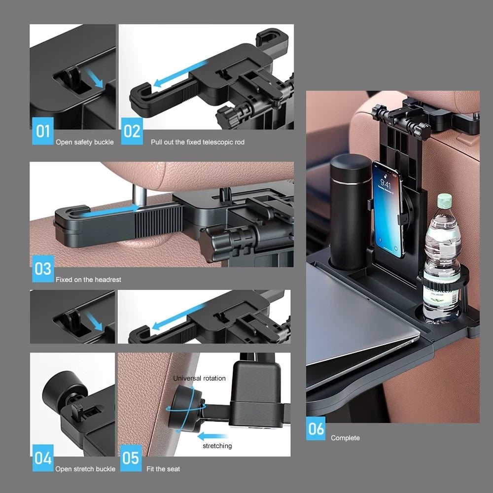 Dcenta Adjustable Car Seat Travel Table Multifunctional Foldable Car Back Seat Food Tray, Car Table with Phone Holder for Working, Writing, Eating Onyx