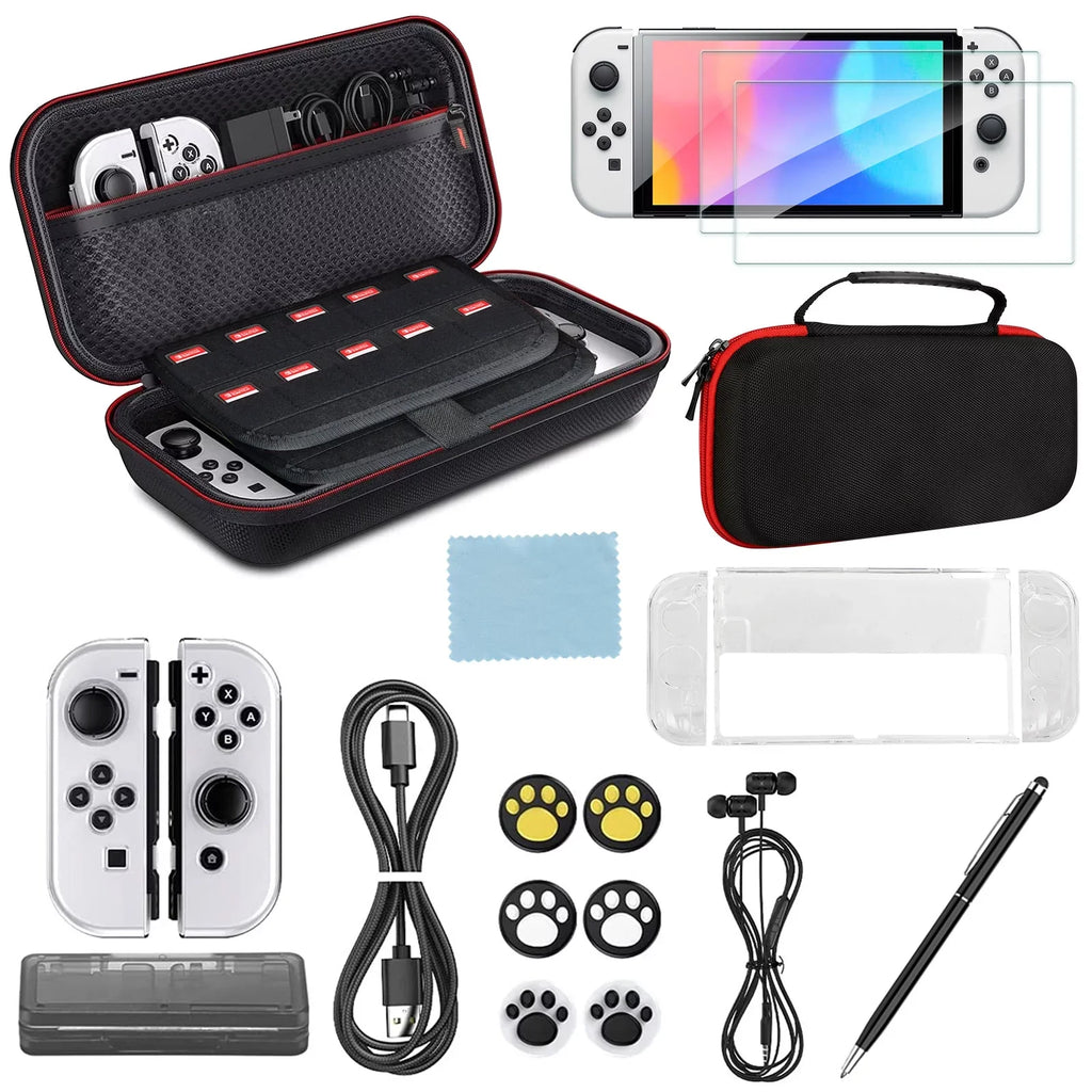 16-in-1 Accessories Kit Fit for Nintendo Switch OLED, EEEkit Accessories Bundle with Carrying Case, Protective Cover Case, Tempered Glass Screen Protector, Thumb Grips, and More, Dark