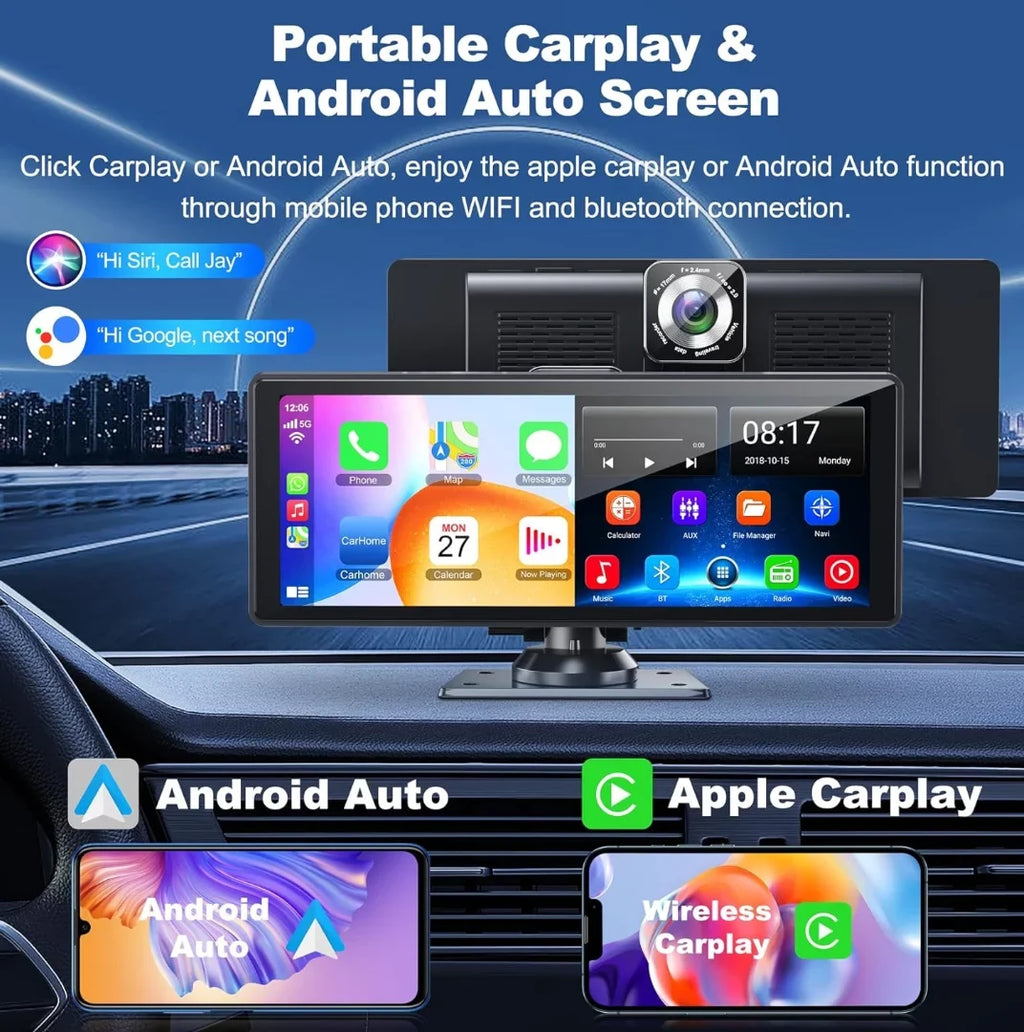 Portable Wireless Carplay& Android Auto Car Screen,10.26 Unit IPS Touchscreen with 4K Dashcam and HD Back-up Camera Support Bluetooth/Siri/Google/GPS/Mirror-Link