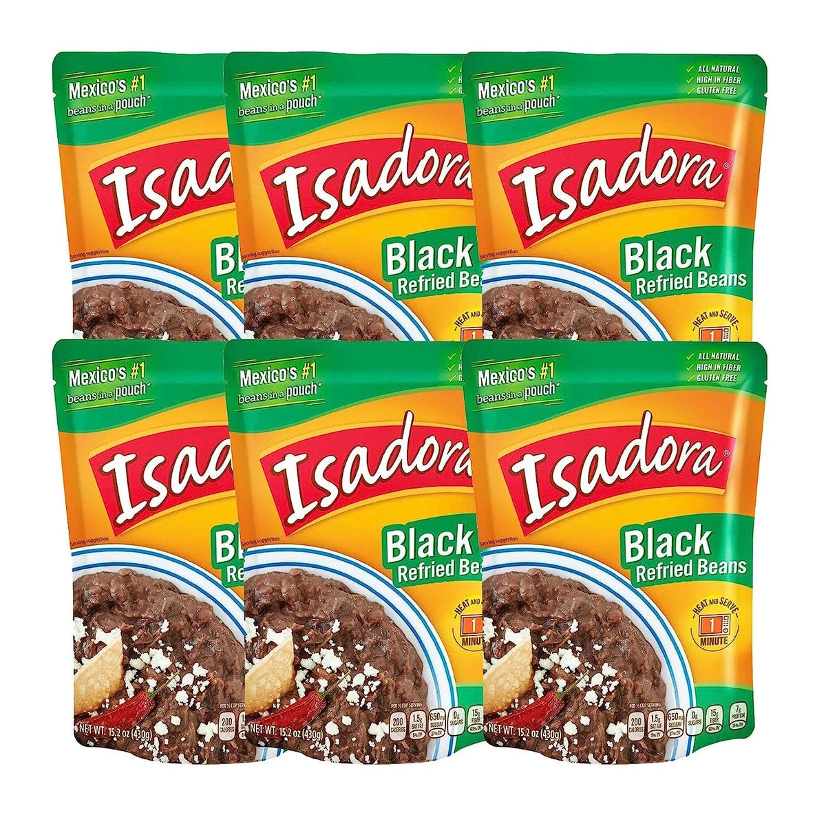 Isadora Refried Beans 15.2oz Pouch Onyx Beans, 6 Pack)