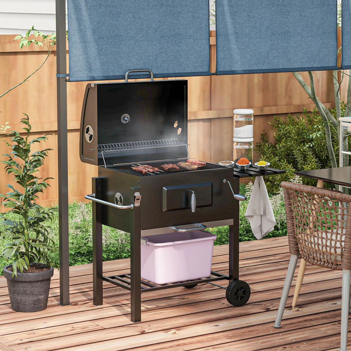 Homiyad Charcoal BBQ Grill, Outdoor Portable Cooker for Camping Or Backyard Picnic with Side Table, Bottom Storage Shelf, Wheels and Handle, Charcoal