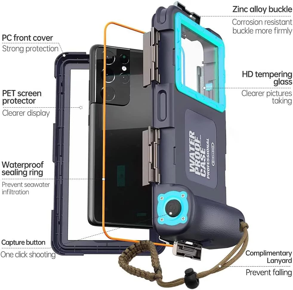 Waterproof Underwater Snorkeling Phone Case for iPhone 14/13/12/11 Pro Max Mini Xr/X/Xs/Samsung Galaxy Note10/9/8/S10/9/8 Ultra Plus Professional [15m/50ft] Photo Video Diving Cover(Blue)