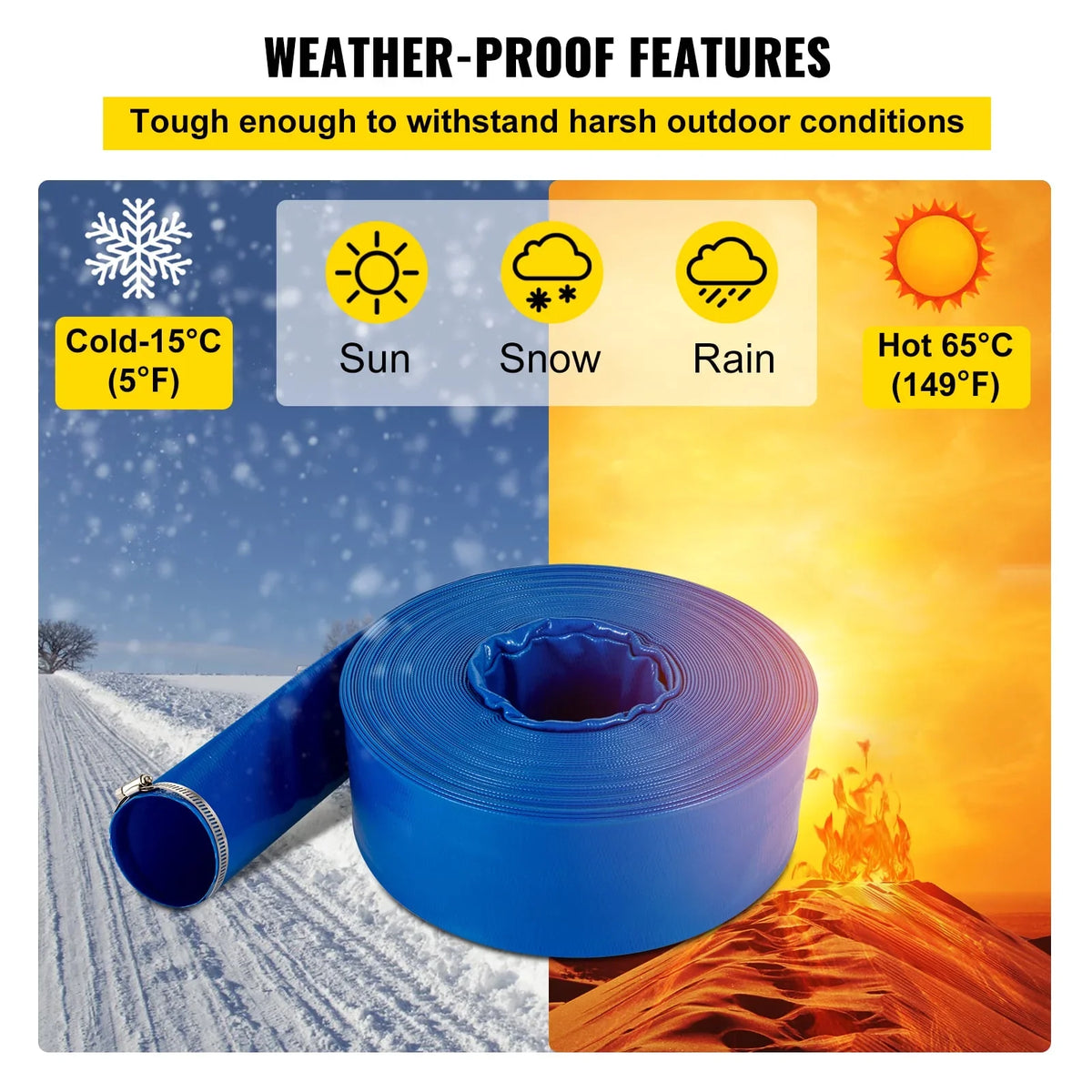 BENTISM Discharge Hose, 1-1/2" x 105', Plastic Fabric Lay Flat Hose, Heavy Duty Backwash Drain Hose with Clamps, Weather-proof & Burst-proof, Ideal for Swimming Pool & Water Transfer