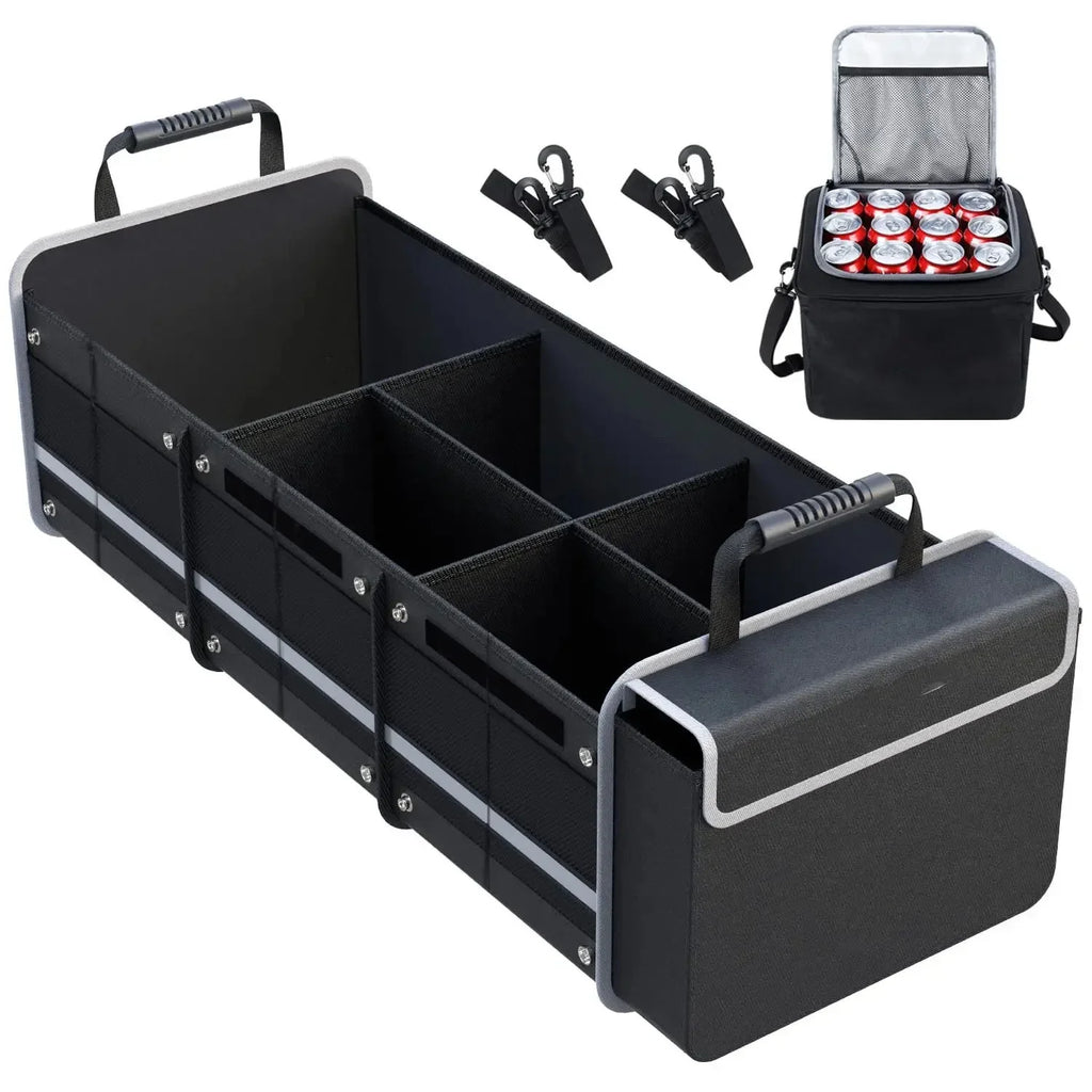 Glamor D Collapsible Trunk Organizer with Insulated Leak-proof Cooler Bag - 5-in-1 Car & SUV Cargo Storage Solution with Foldable Lid, Removable Dividers, and 2 Tie-Down Straps - Charcoal