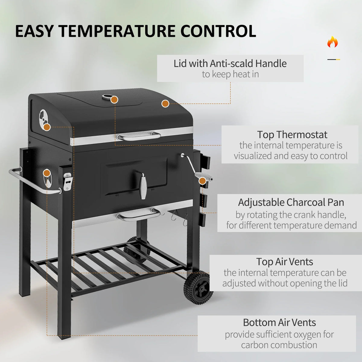 Homiyad Charcoal BBQ Grill, Outdoor Portable Cooker for Camping Or Backyard Picnic with Side Table, Bottom Storage Shelf, Wheels and Handle, Charcoal