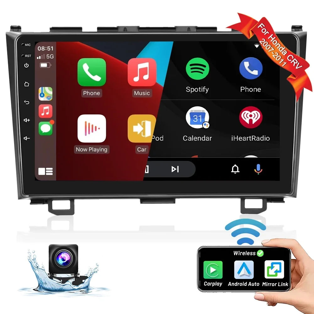 For Honda CRV 2007-2011 9'' Touchscreen Car Stereo Radio Player Wireless Carplay Android Auto Mirror Link HD 1080P Android 12 Bluetooth WIFI GPS FM USB Hifi, AHD Backup Camera