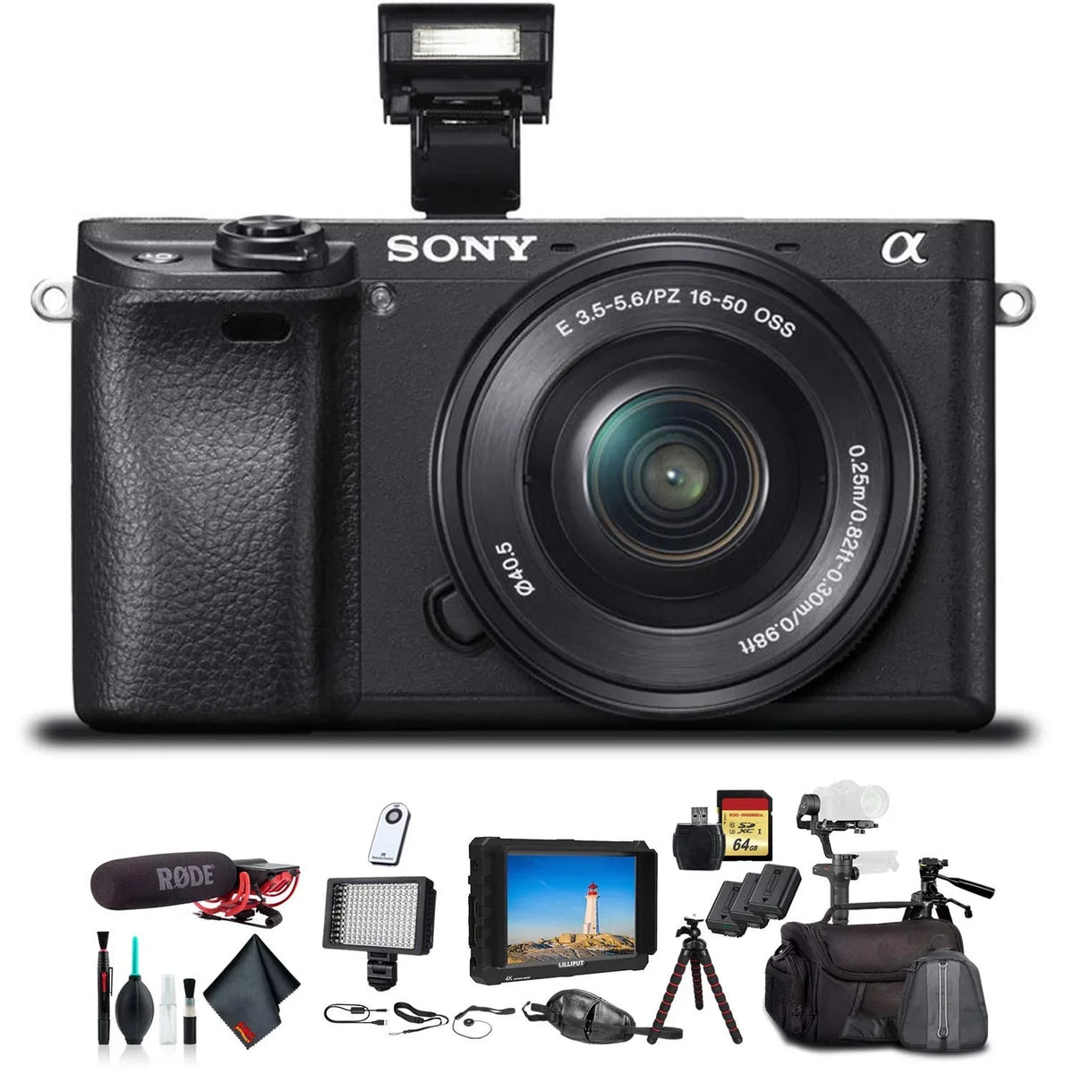 Sony Alpha a6300 Mirrorless Camera W/ 16-50mm Lens Onyx ILCE6300L/B W/ Soft Bag, Zhiyun-Tech WEEBILL Stabilizer, 2x Extra Batteries, Rode Mic, 2x 64GB Cards, 4K Monitor , Plus Essential Accessories