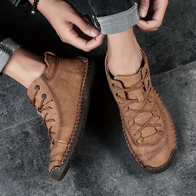 KINODAY Synthetic Leather Hand-stitching Ankle Boots Breathable Anti-slip Lace-up Walking Shoes For Outdoor Spring Summer And Autumn