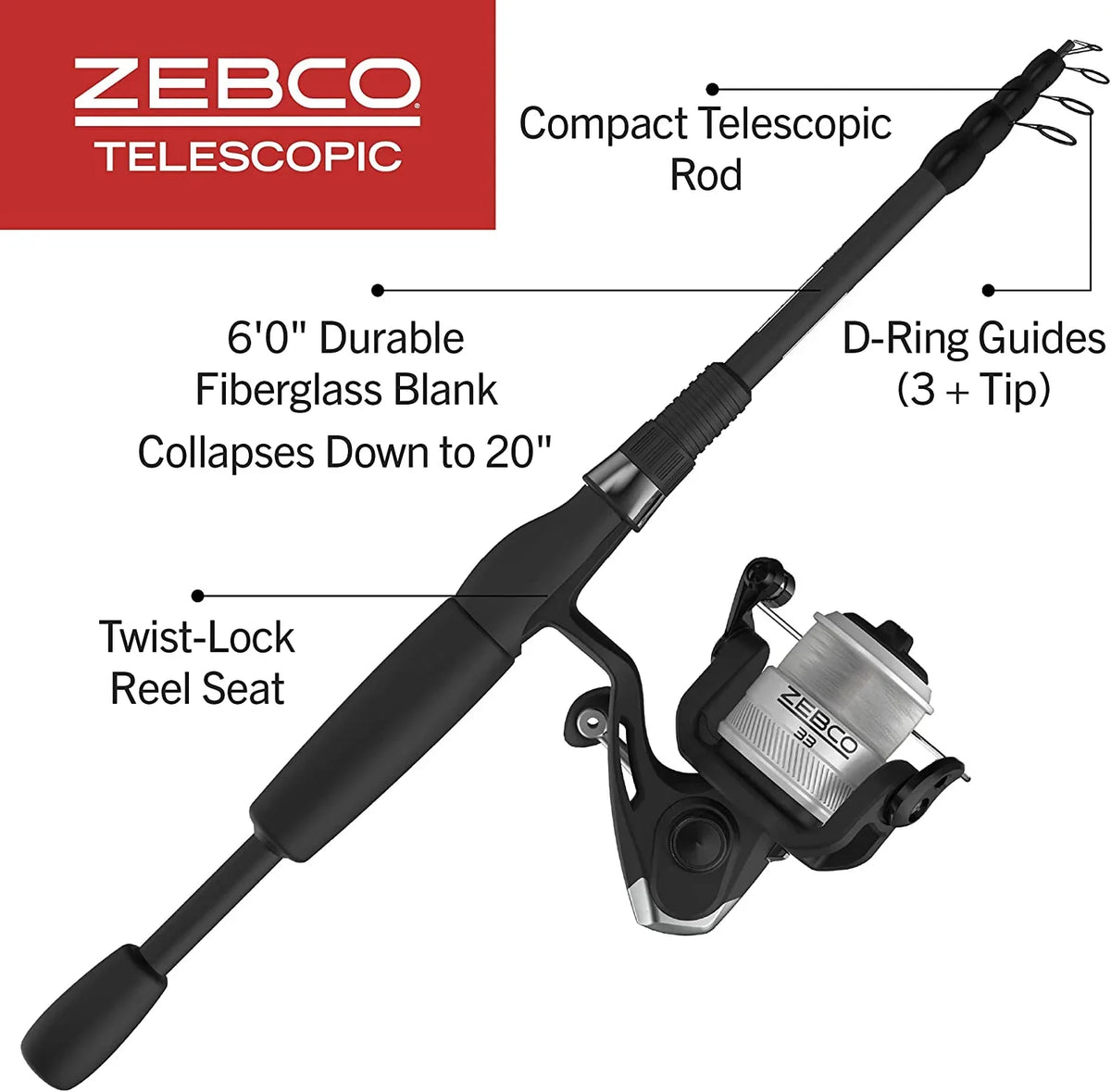 Zebco 33 Spinning Reel and Telescopic Fishing Rod Combo, 6-Foot Rod, Size 30 Reel, Dark