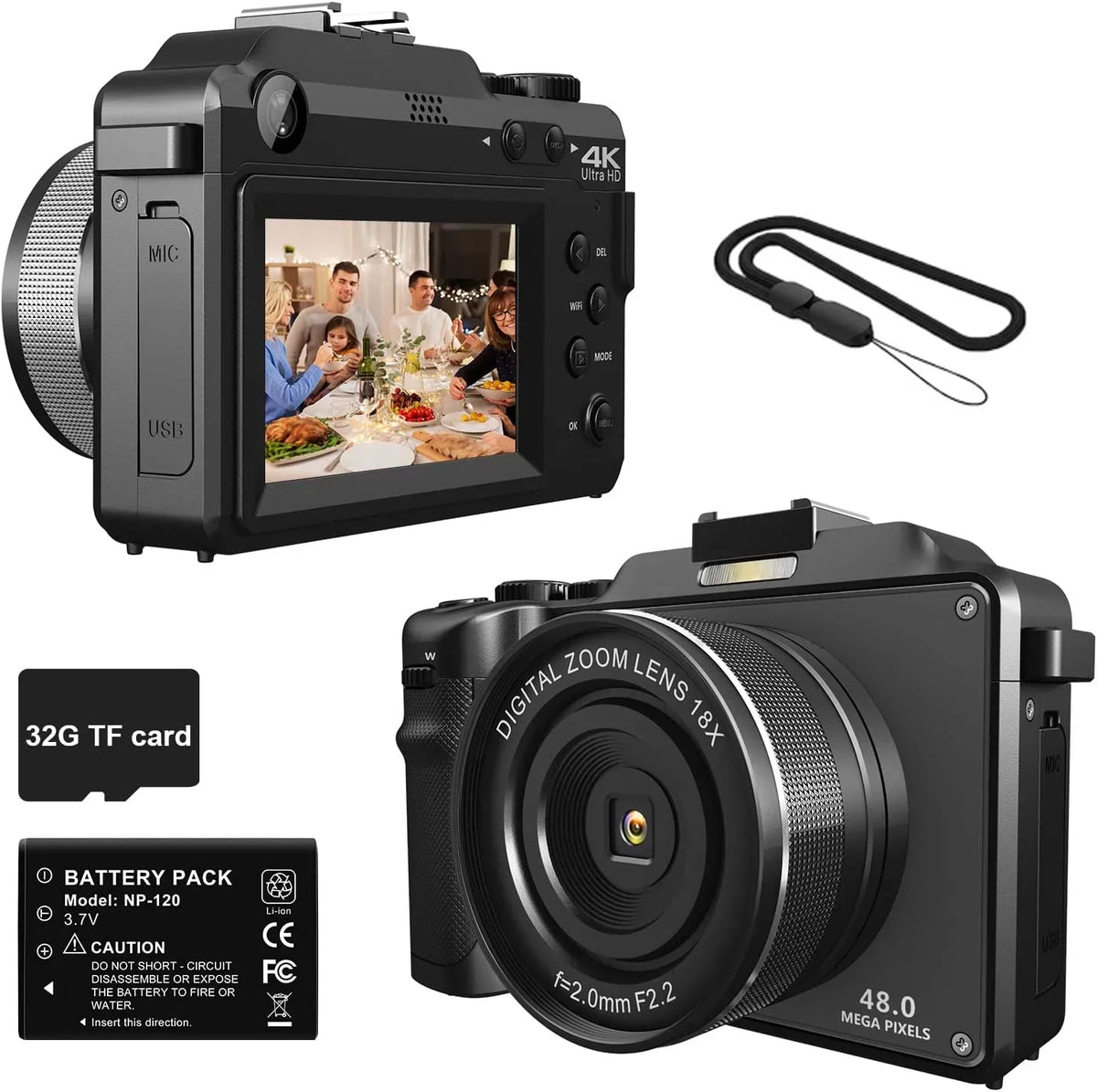 OIEXI 48MP Digital Camera for Photography,4K Video Camera with Front and Rear Dual Cameras,18X Digital Centimeter Screen,32GB Micro Card,Rechargeable Battery,Camera for Dark