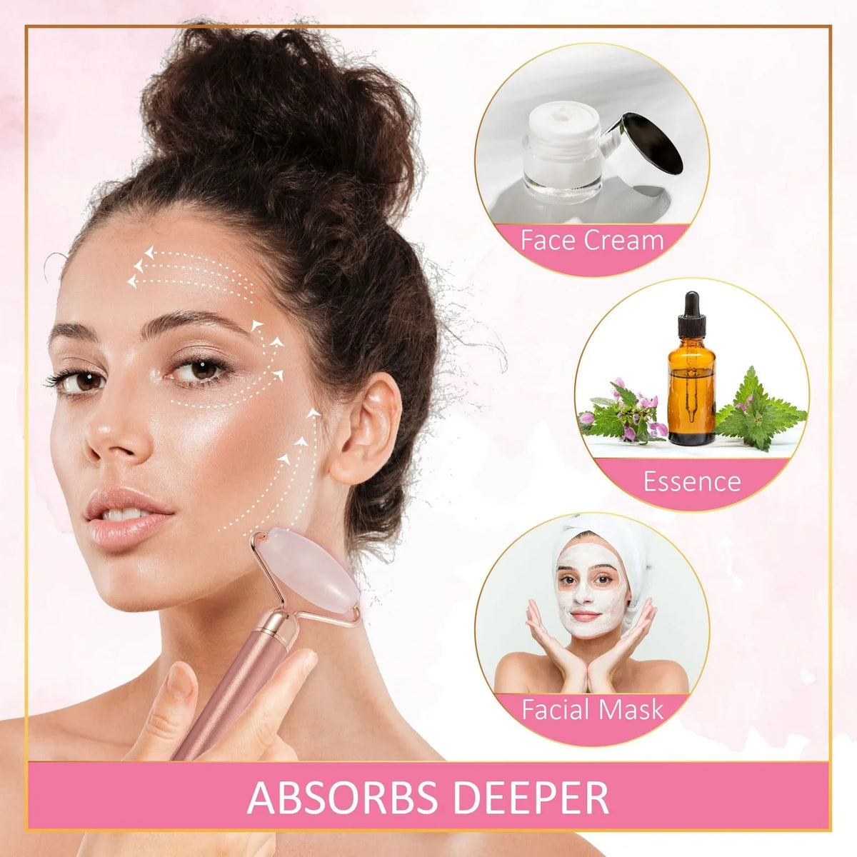 4 in 1 Electric Vibrating Facial Roller & Face Massager Kit, Rose Quartz Jade Rollers for Under Eye & V Lifting Skin Care Beauty Bar