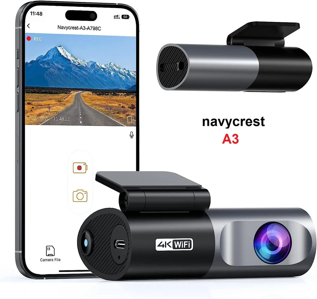 navycrest A3 4K WiFi 2160P Dash Camera for Cars, Cam Front Recorder with App, 24 Hours Parking Mode, G-Sensor, Night Vision, Loop Recording, Support 256GB Max