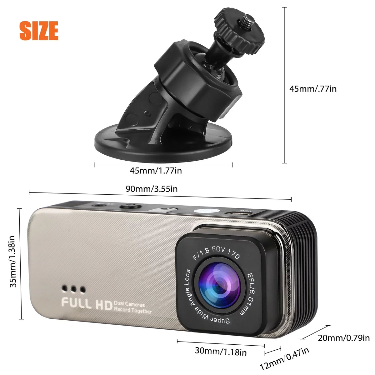 TSV Dual Dash Cam, 1080P Front and Rear Dual Dash Camera for Cars, Inch Display, 170° Wide Angle Dashboard Camera Recorder with Parking Monitoring, Motion Detection, G-Sensor, WDR, Dark