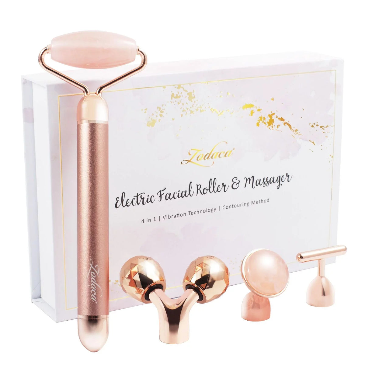 4 in 1 Electric Vibrating Facial Roller & Face Massager Kit, Rose Quartz Jade Rollers for Under Eye & V Lifting Skin Care Beauty Bar