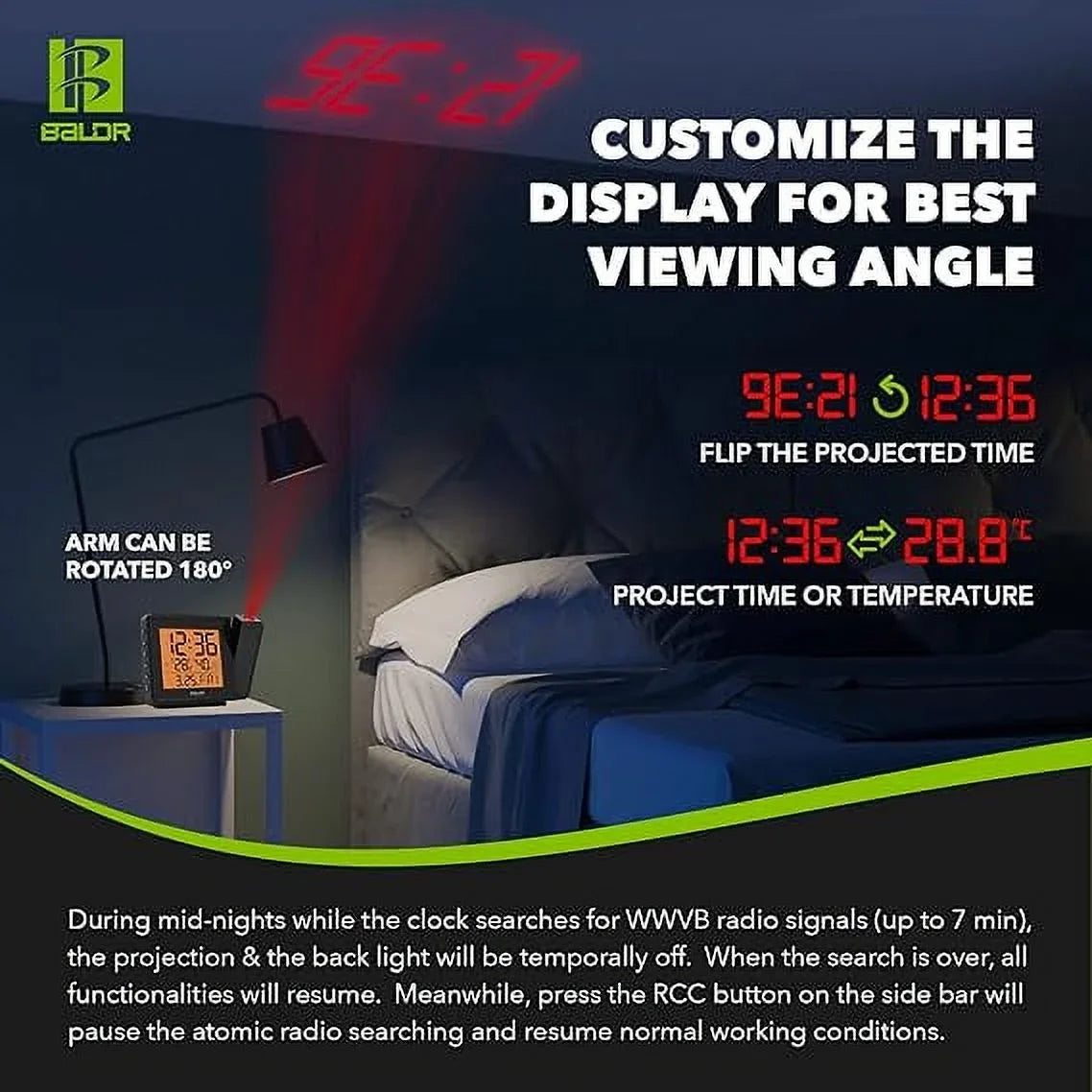 BALDR Digital Time Projection Alarm Clock - Atomic Time Projector on Ceiling Wall Charcoal