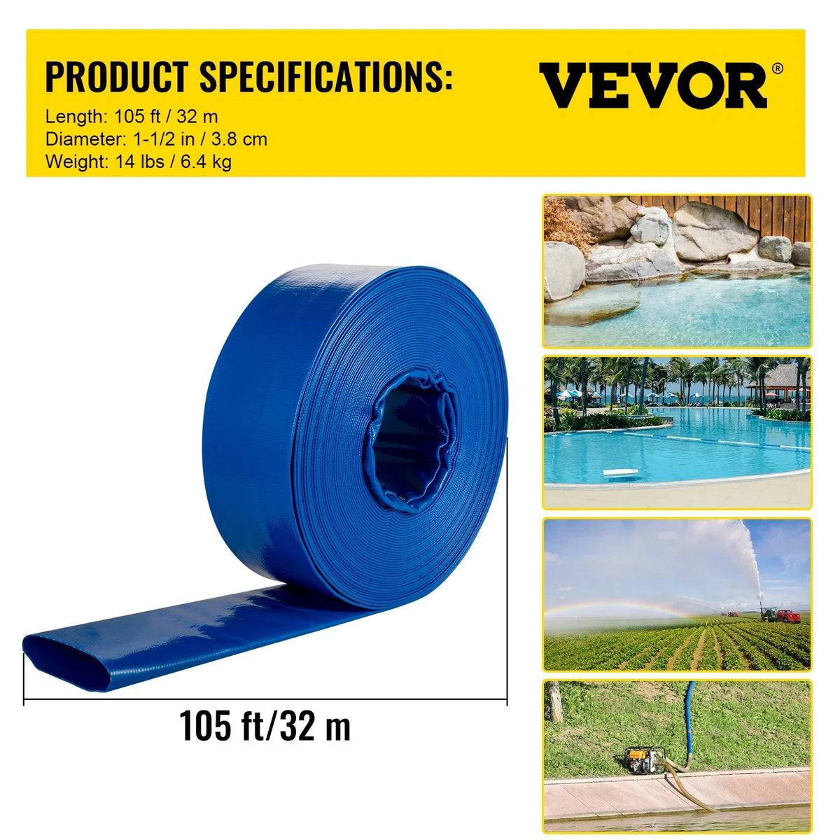 BENTISM Discharge Hose, 1-1/2" x 105', Plastic Fabric Lay Flat Hose, Heavy Duty Backwash Drain Hose with Clamps, Weather-proof & Burst-proof, Ideal for Swimming Pool & Water Transfer