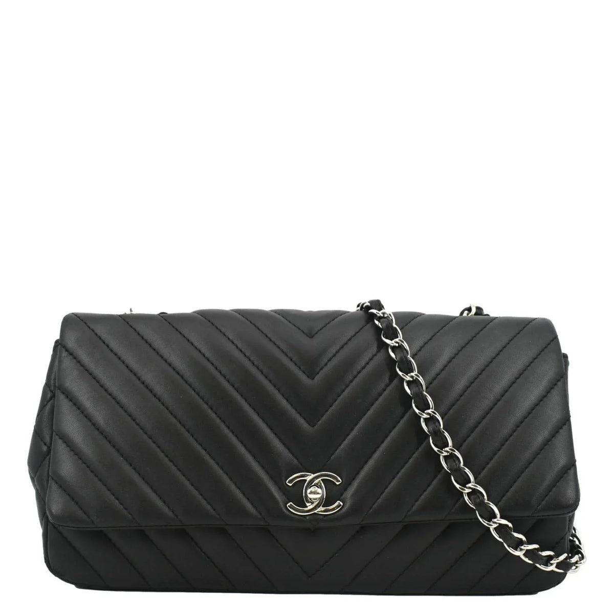 Pre-Owned CHANEL Surpique Chevron Medium Lambskin Leather Flap Crossbody Bag Midnight