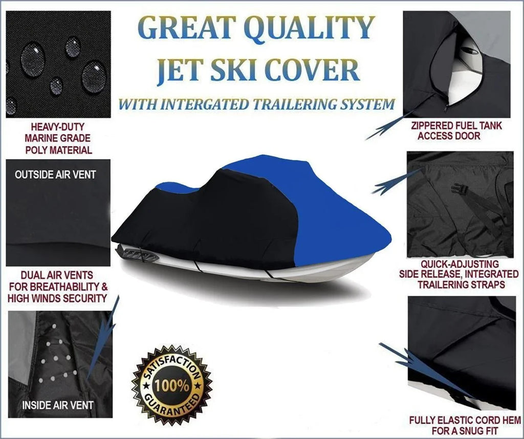 Charcoal / BLUE HEAVY-DUTY, 600 DENIER Jet Ski Cover Jetski PWC Cover Compatible for Sea Doo Sea-Doo GTX S 155 2012 2013 2014 2015 2016 2017