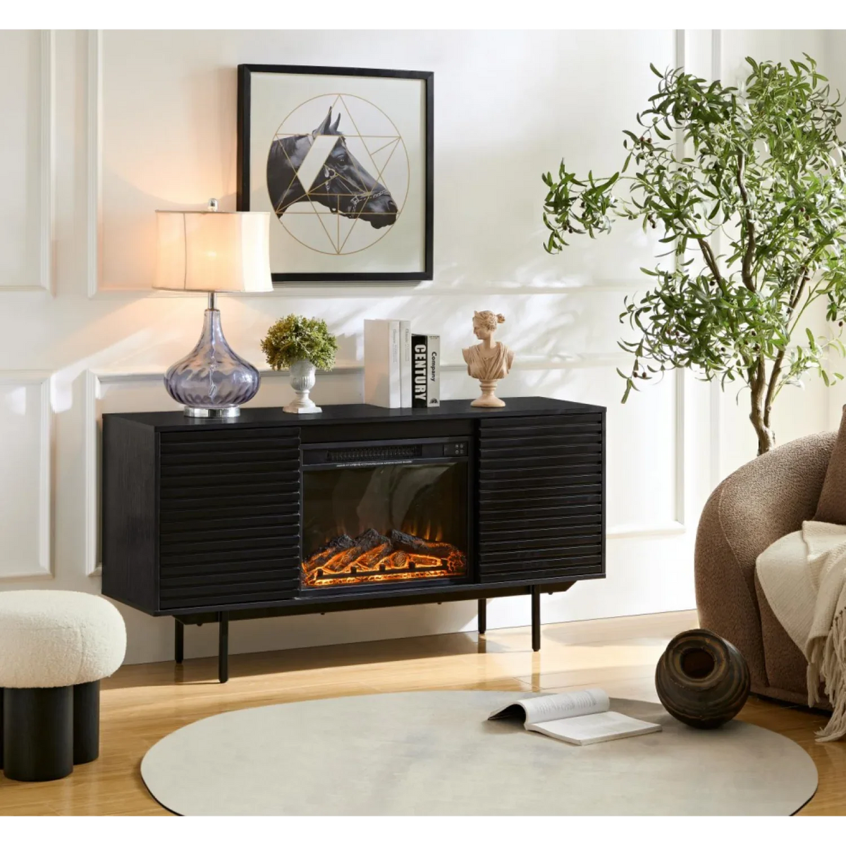 DeeHome W9986B The whole cabinet is made of Onyx oak board, the middle layer board on both sides of the cabinet can be adjusted, the furnace is embedded in the middle grid with the remote control