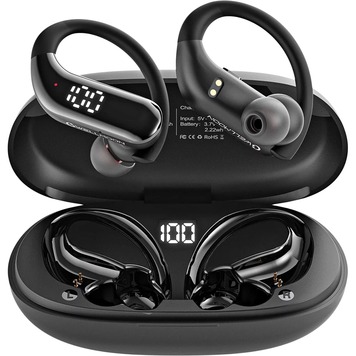 Bluetooth 5.3 Headphones Wireless Earbuds 100hrs Playtime Wireless Charging Case Digital Display Sports Ear buds with Earhook Premium Deep Bass Waterproof Over-Ear Earphones for TV Phone Laptop Dark
