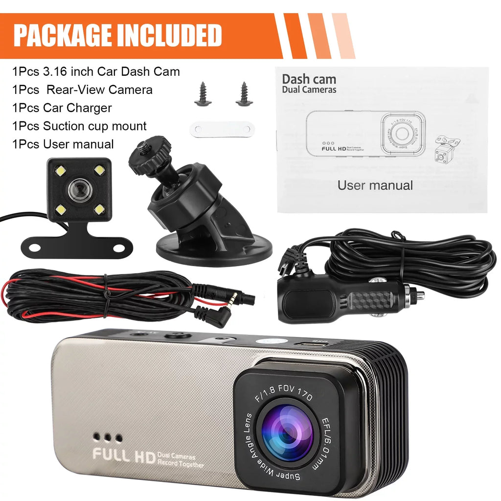 TSV Dual Dash Cam, 1080P Front and Rear Dual Dash Camera for Cars, Inch Display, 170° Wide Angle Dashboard Camera Recorder with Parking Monitoring, Motion Detection, G-Sensor, WDR, Dark