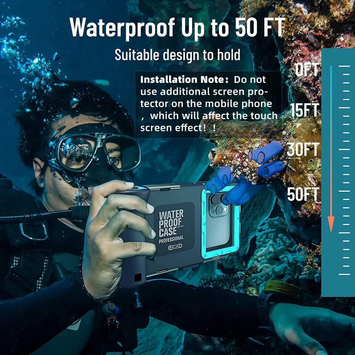 Waterproof Underwater Snorkeling Phone Case for iPhone 14/13/12/11 Pro Max Mini Xr/X/Xs/Samsung Galaxy Note10/9/8/S10/9/8 Ultra Plus Professional [15m/50ft] Photo Video Diving Cover(Blue)