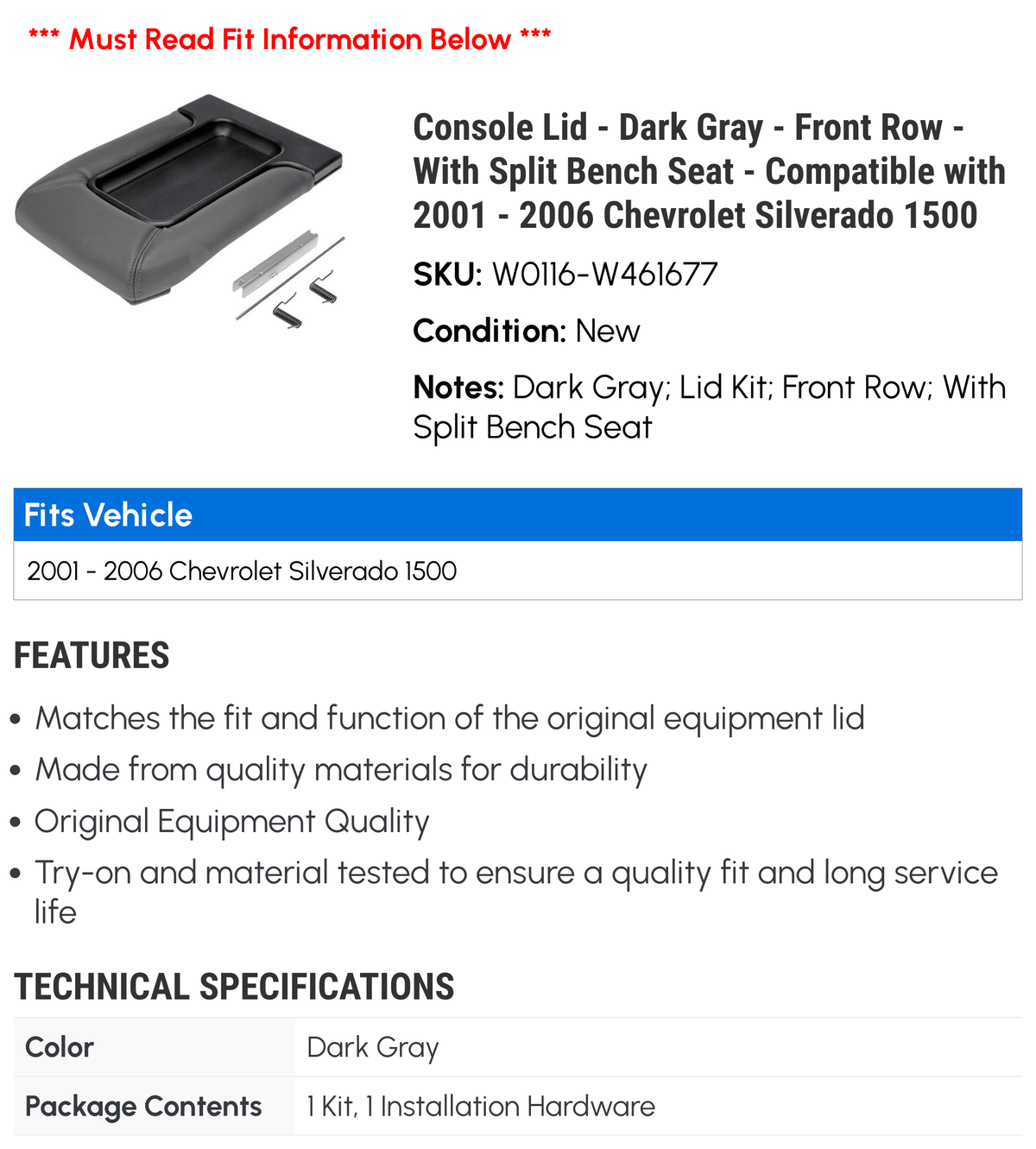 Console Lid - Dark Gray - Front Row - With Split Bench Seat - Compatible with 2001 - 2006 Chevy Silverado 1500 2002 2003 2004 2005