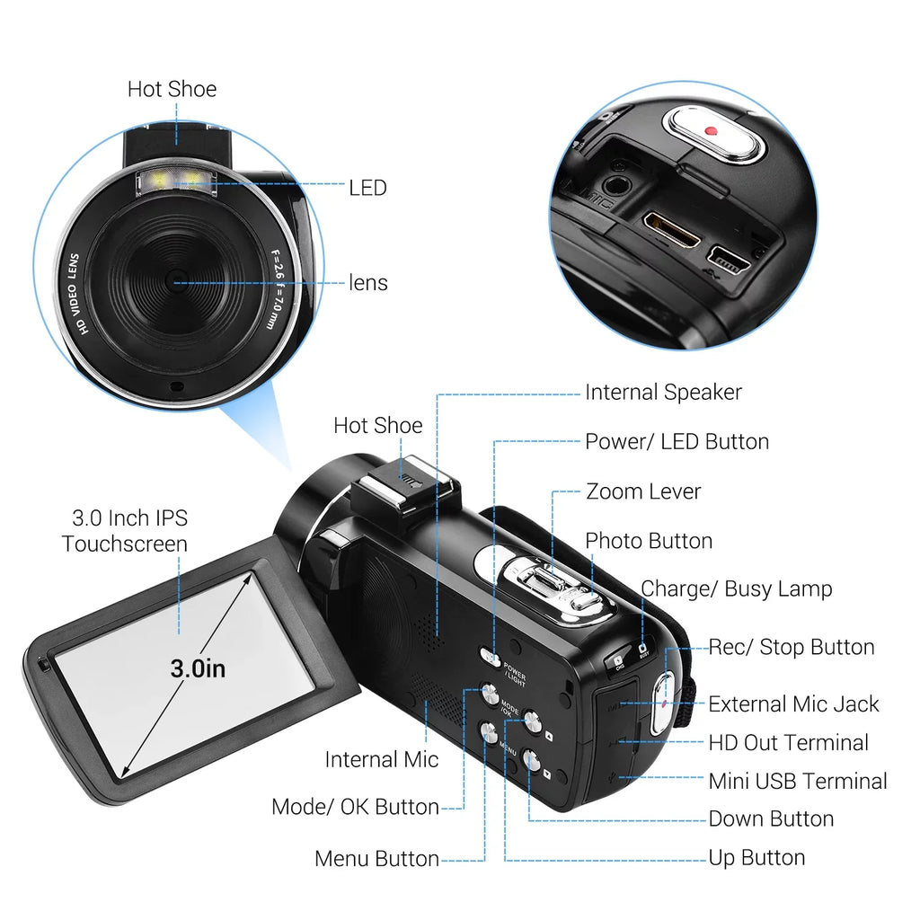 Andoer-2 Video Unit IPS Monitor IPS Monitor Burst 3.0 Unit IPS Monitor Burst Function DV Professional Video 4K Handheld Camera 3.0 Unit Video Camera AINN