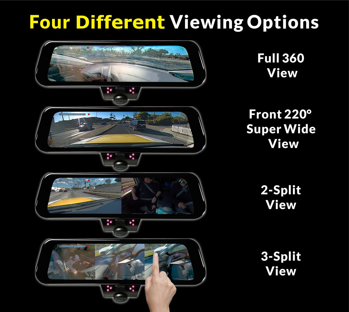RYDEEN 360 View Surround View 4K Dash Camera Inch Touchscreen Frameless Rearview Mirror with TFT Monitor w/ Auto Brightness Day/Night, DIY Install, Backup Video-in